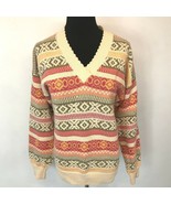Vintage Izod Club Sweater size L XL Orange Green Fair Isle V-Neck Pullov... - £11.36 GBP