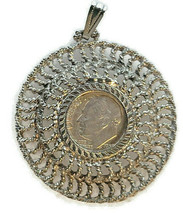 1958 Dime 10 Cent 90% Silver Coin Pendant Charm Silver-Tone Filigree - £23.83 GBP