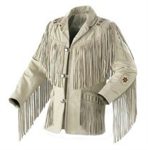 Men&#39;s White Western Fringed Genuine Finished Cow Leather Beaded Patches Jacket - £150.09 GBP