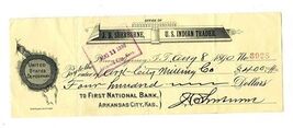 United States Depository Check U S Indian Trader 1890 Arkansas City - $87.12