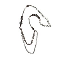 Long Silver Tone Chain Necklace Brown Beads Mesh Accents Fashion Jewelry u  Stat - £11.21 GBP