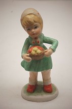 Old Vintage Little Girl w Basket Apples Red Polka Dot Head Scarf Bisque Figurine - £9.61 GBP