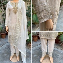 Pakistani Off White Straight Style Embroidered Sequins Chiffon Dress,L - £105.01 GBP