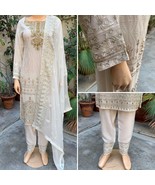 Pakistani Off White Straight Style Embroidered Sequins Chiffon Dress,L - £105.48 GBP