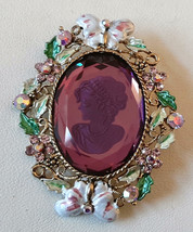 CAMEO Brooch Pin Reverse Carved Purple Amethyst Crystal Aurora Rhinestones - £14.25 GBP