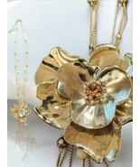 Vintage 70s 80s Floral Fashion Necklace, Gold Tone Pendant w/ Pearls &amp; B... - $50.39