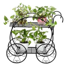 Metal Plant Display Stand Flower Pot Rack 2-Tier Garden Cart Indoor Outdoor Deck - $48.70
