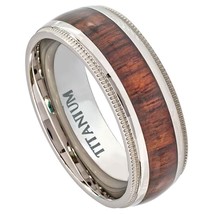 Titanium Hawaiian Koa Wood Ring Mill Grain Edge 8mm Comfort Fit Wedding Band - £15.18 GBP