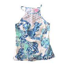 Lilly Pulitzer Sea Blue Turquoise Floral Shells Silk Sleeveless Top Size... - $23.54