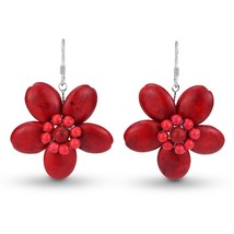 Bold and Red Tropical Flowers Simulated Coral Fishhook Dangle Earrings - £13.52 GBP