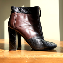 38 - Chanel Black Brown Quilted Leather Zip Top High Heel Ankle Boots 02... - $250.00