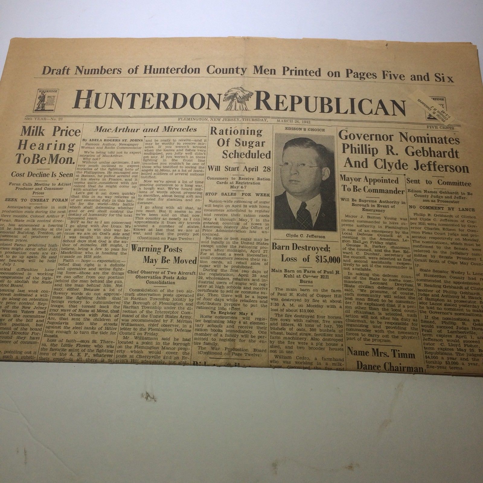 Primary image for NJ Hunterdon Republican Headline Archive Newspaper March 26 1942 date gift
