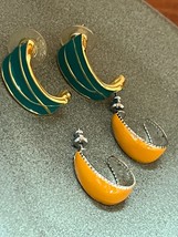 Lot of Green Enamel &amp; Goldtone &amp; Mustard &amp; Silvertone Half Hoop Post Earrings - £9.08 GBP