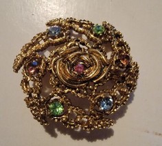 Vintage Pinback Brooch Gold Tone Spiral Multi Color Stones Pin - £12.45 GBP