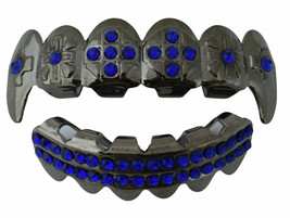 Custom Fit Black CZ Mouth Teeth Metal Grillz Upper Lower Fangs Set Blue ... - £8.12 GBP