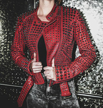 New Woman Rock Punk Full Red Metal Studded Punk Cowhide Leather Jacket 2019 - $314.99