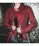 New Woman Rock Punk Full Red Metal Studded Punk Cowhide Leather Jacket 2019 - $314.99