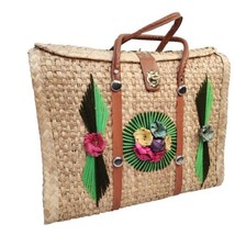 Vintage Handmade Wicker Rattan Woven Purse Tote Mexico Beach Bag Flower ... - $22.77