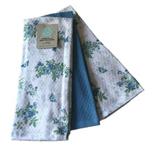 Martha Stewart Kitchen Dish Towels Set Of 3 Blue Green Floral Butterflies Print - £30.75 GBP
