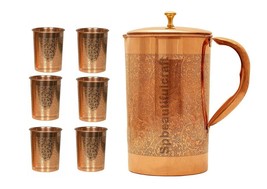 Handmade Copper Water Jug Embossed Drinking Pitcher Pot 6 Tumbler Glass 300 ML - £46.82 GBP