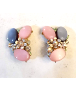 BSK Creamsicle Moonglow Thermoset Clip On Earrings VTG Lucite AB Rhinestone - £23.41 GBP