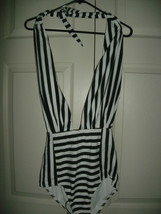 NEW Womens Swimsuit sz L one piece black white stripe halter backless high waist - £10.24 GBP