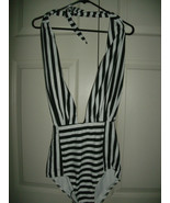 NEW Womens Swimsuit sz L one piece black white stripe halter backless hi... - $12.95