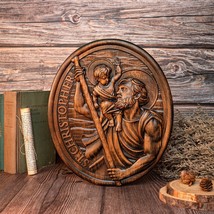 St. Christopher Christian Wood Carving Plaque - The Patron Saint of Travelers - £46.39 GBP+