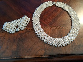 Vintage 1980s Woven Faux Pearl Collar Style Necklace and Bracelet Japan Unworn - £21.12 GBP