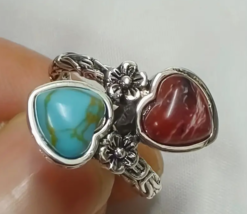 Boho Chic Wrinkle Chrysanthemum &amp; Red/Green Heart Turquoise Ring - Size 8 ! - £10.38 GBP