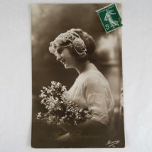 Young Woman &amp; Lily of the Valley Porte Bonheur Postcard RPPC France Posted 1913 - £7.77 GBP
