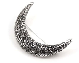 Crescent Moon Vintage Sparkling Crystal Black Brooch Pin 925 Starling Si... - $165.00