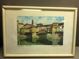 Signed Framed Ink and Watercolor Painting by Yoshiyuki 1984 Ponte Vecchio - £67.25 GBP