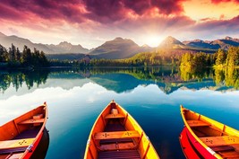 FRAMED CANVAS ART PRINT mountain lake national park sunrise sunset canoe boat - £31.57 GBP+