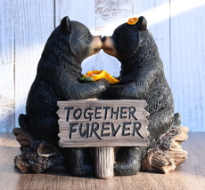 Whimsical Wedding Vows Black Bear Couple Kissing By Tree Log Statue 7&quot; Tall - $25.99