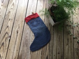 Upcycled Denim Jeans Stockings With Red Cuff Reinvented Jeans Stockings For - £9.49 GBP