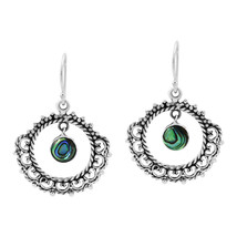 Vintage Heart Ornate Circle Abalone Shell Inlay Sterling Silver Dangle Earrings - £18.70 GBP