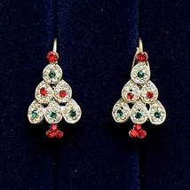 Vintage Rhinestone Silver Tone Lever Back Christmas Tree Earrings 1&quot; CUTE! - £22.39 GBP