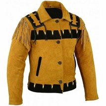 Mens Yellow Black Suede Leather Western Bone Fringed Front Button Closure Jacket - £133.16 GBP