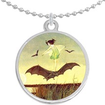 Girl Riding Bat Round Pendant Necklace Beautiful Fashion Jewelry - £8.60 GBP