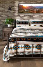 Southwest Tan Turquoise Sherpa Plush Lodge Cabin Fleece Blanket Queen 3-Pc Set - £70.96 GBP