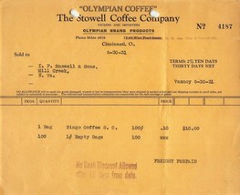 Cincinnati Ohio ~ Stowell Caffè Company-Olympian Caffè ~1931 Billhead - £4.73 GBP