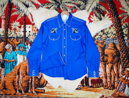1990s Y2K Royal Blue Roper Pearlsnap Embroidered Horses Western Shirt Sz L - $87.08