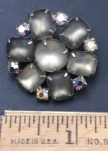 Vintage 1950s Round Floral Frosted Smokey Stones w/ Rhinestones Brooch Pin 1.25&quot; - $21.34