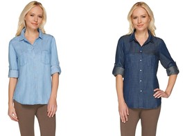 NEW GILI Dark Light Blue Wash Tencil Denim Button Down Women&#39;s Shirt $80... - $14.99