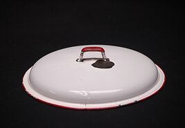 Old Vintage Graniteware Enamelware Lid Primitive Kitchen Tool White &amp; Re... - $14.84