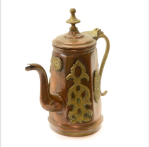 Antique Tea Pot Art Nouveau Copper Jug With Brass Ornaments 1920&#39;s Moroccan - $148.47