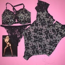 Victoria&#39;s Secret 32D,34DD Bra Set+Cutout Panty+Teddy Black Lace Beige Floral - £94.95 GBP