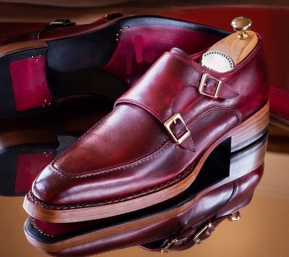 New Handmade burgundy monk strap shoes, men good year welted sole shoes, dress s