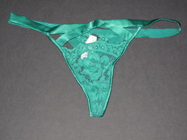 NWT Victoria&#39;s Secret Embroidered Eyelash Lace Satin Green V-String Pant... - $32.50